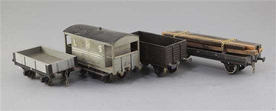 An LMS guards van, 6 wheel, no.32573, in grey, a SR open truck, 12T, no.61280, in brown, an Engineers